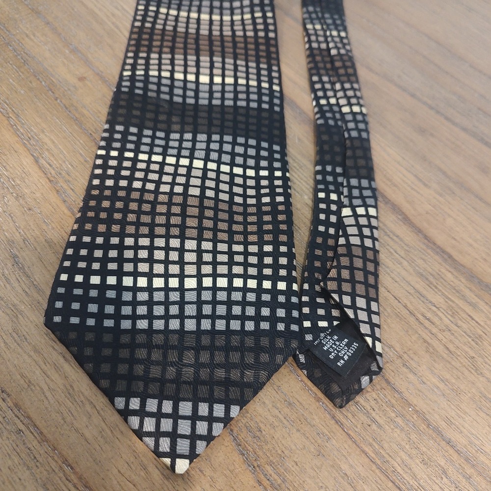 Ziggurat Men's Necktie Brown Black Cream Silver Tan 100% Silk Geometric Squares